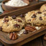 Cowboy cookie Crumbl recipe with gooey chocolate chips, oats, pecans, and coconut.