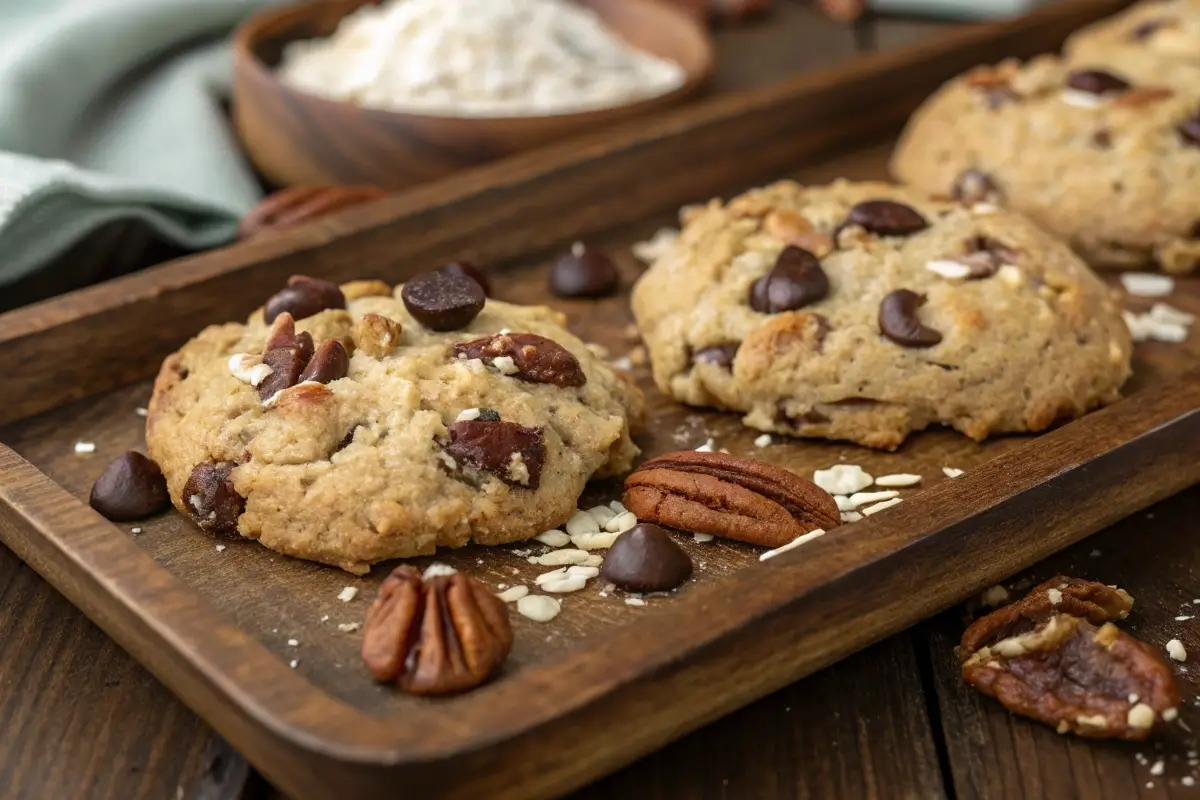 Cowboy cookie Crumbl recipe with gooey chocolate chips, oats, pecans, and coconut.