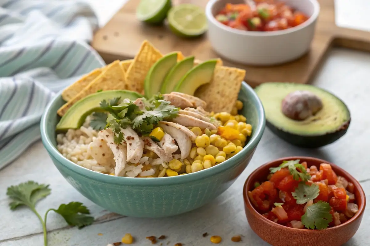 Street corn chicken rice bowl with avocado and tortilla chips.