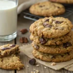 Cowboy cookie Crumbl recipe with gooey chocolate chips, oats, pecans, and coconut.