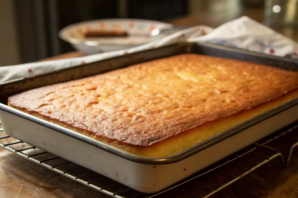 Freshly baked kefir sheet cake cooling