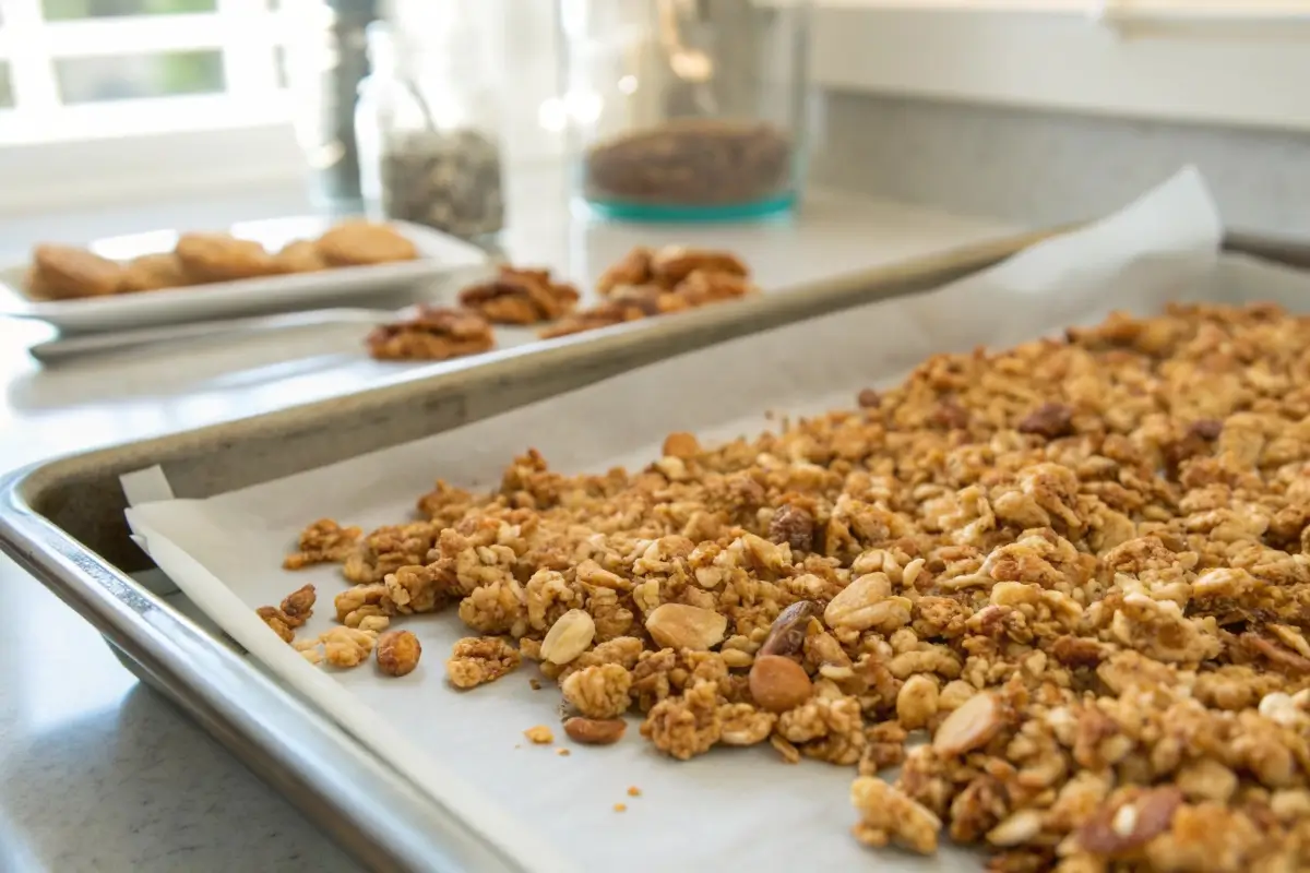 Freshly baked vanilla nut granola on a baking sheet