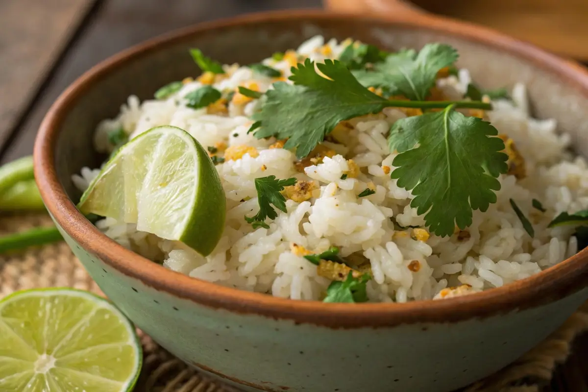 Seasoned rice with lime and cilantro for chicken rice bowls.