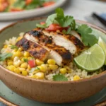 Street corn chicken rice bowl recipe with grilled chicken and lime.