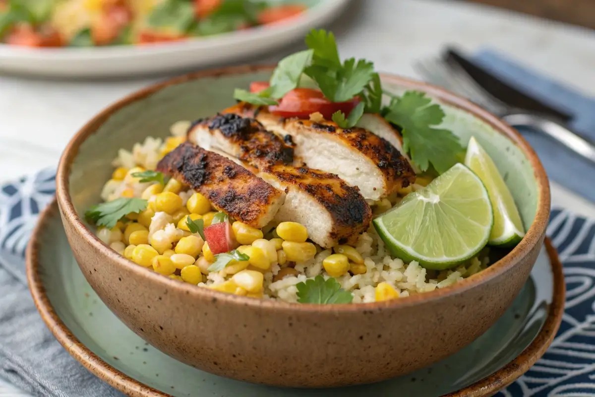 Street corn chicken rice bowl recipe with grilled chicken and lime.