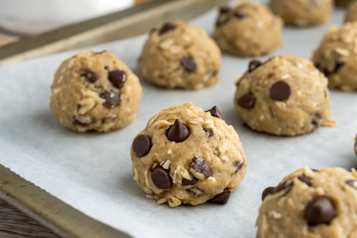 Cookie dough balls for cowboy cookie Crumbl recipe on a parchment-lined baking sheet.