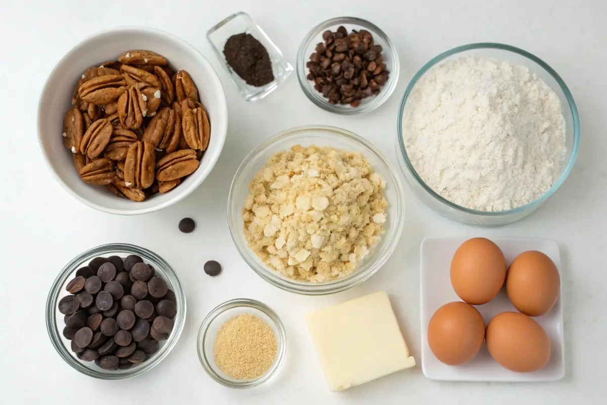 Ingredients for cowboy cookie Crumbl recipe including oats, chocolate chips, pecans, and coconut.