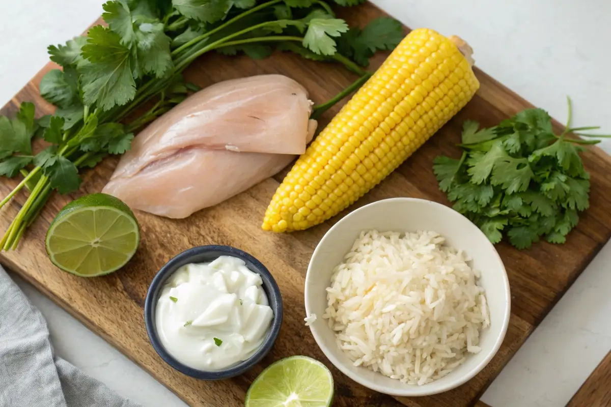 Ingredients for street corn chicken rice bowl recipe.