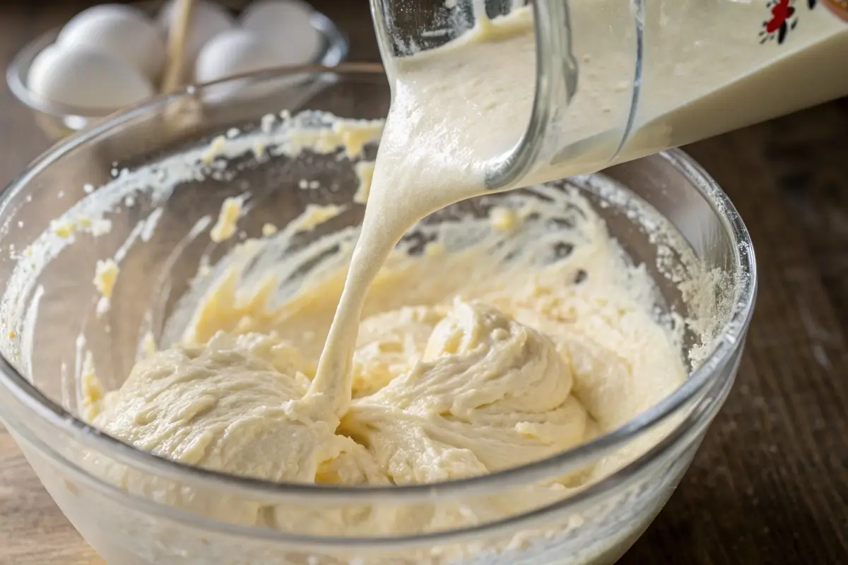 Preparing batter for kefir sheet cake recipe card