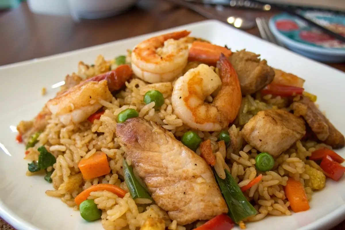 Shrimp and chicken fried rice close-up