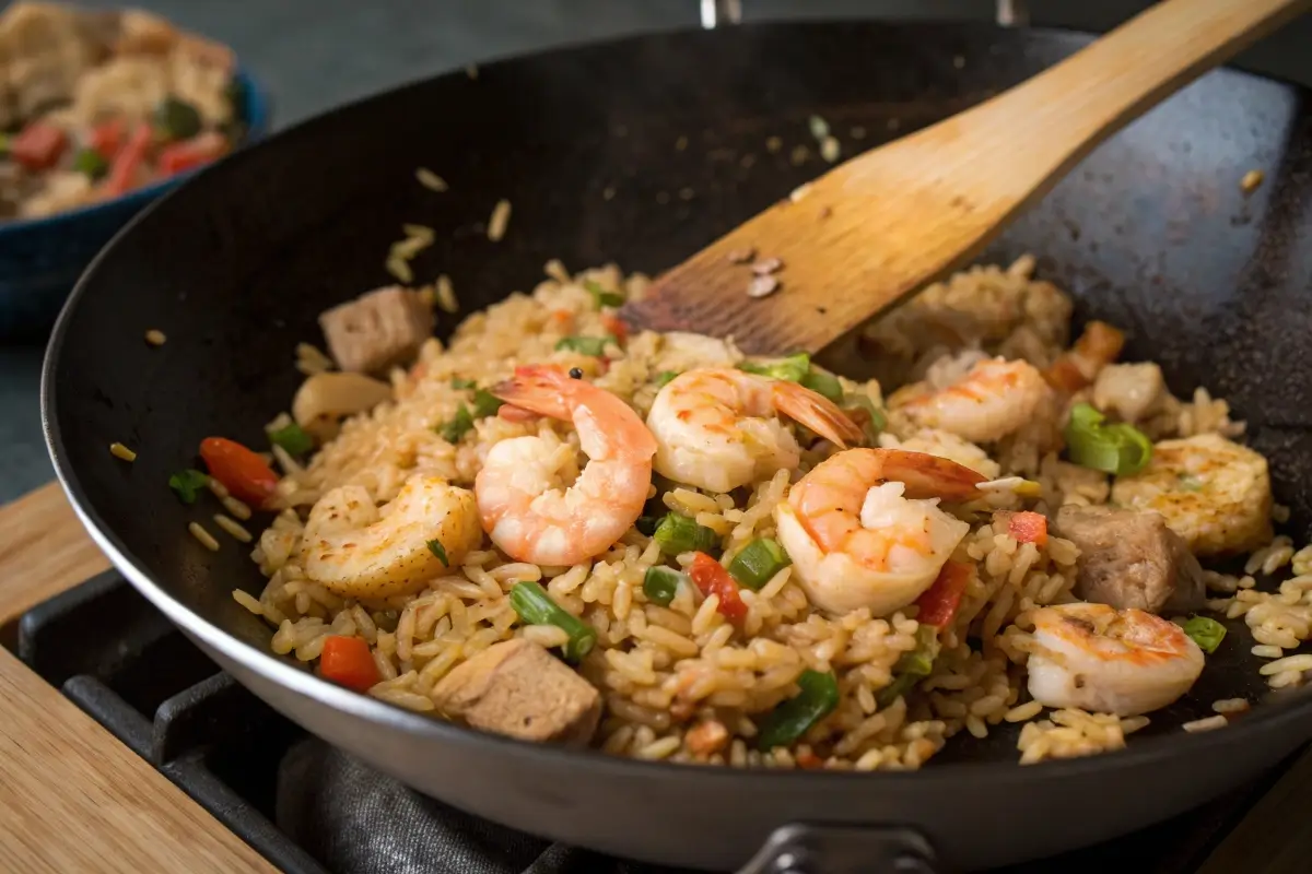 Stir-frying shrimp and chicken fried rice in a wok