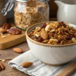 Close-up of homemade vanilla nut granola in a bowl