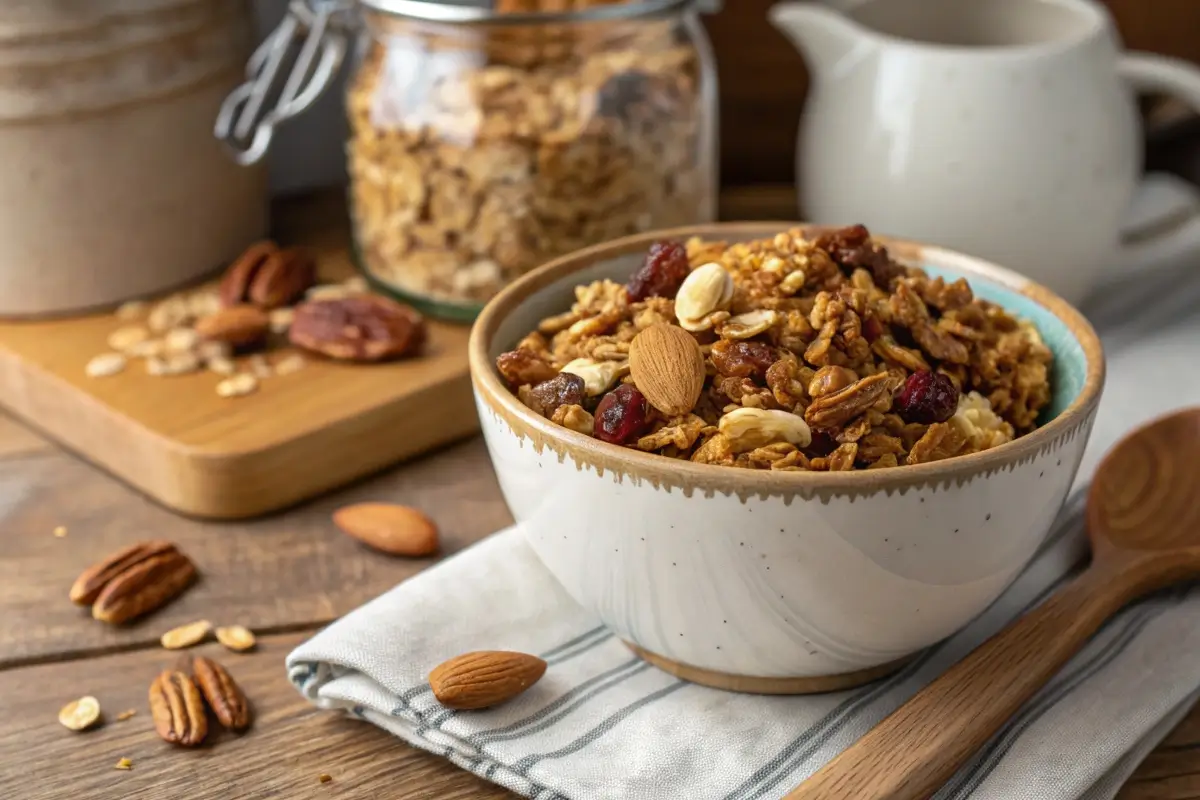 Close-up of homemade vanilla nut granola in a bowl